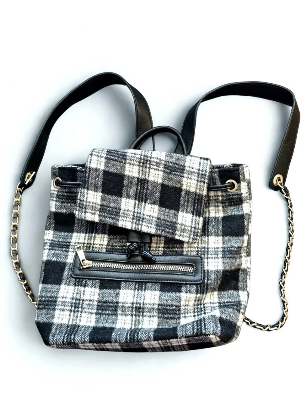 Forever 21 - Buffalo Plaid Flannel Drawstring Mini Backpack With Chains